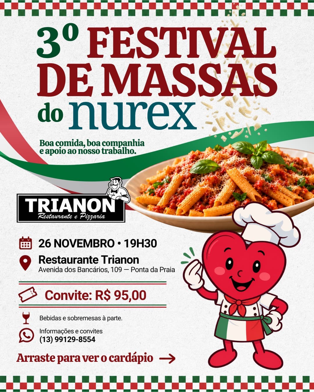 3º Festival de Massas do Nurex reúne gastronomia e solidariedade em jantar